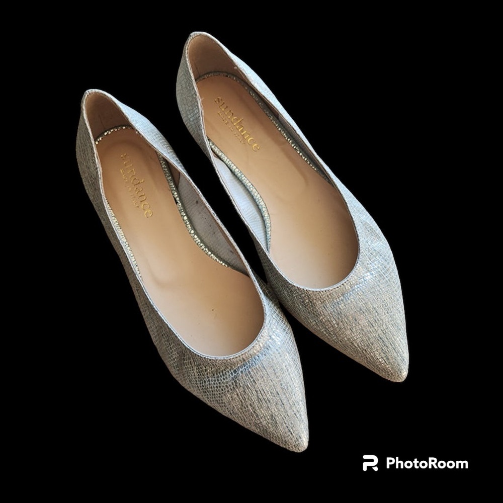 Sundance Leather Metallic Pointed Toe Ballet Flat Size 39 / 8.5